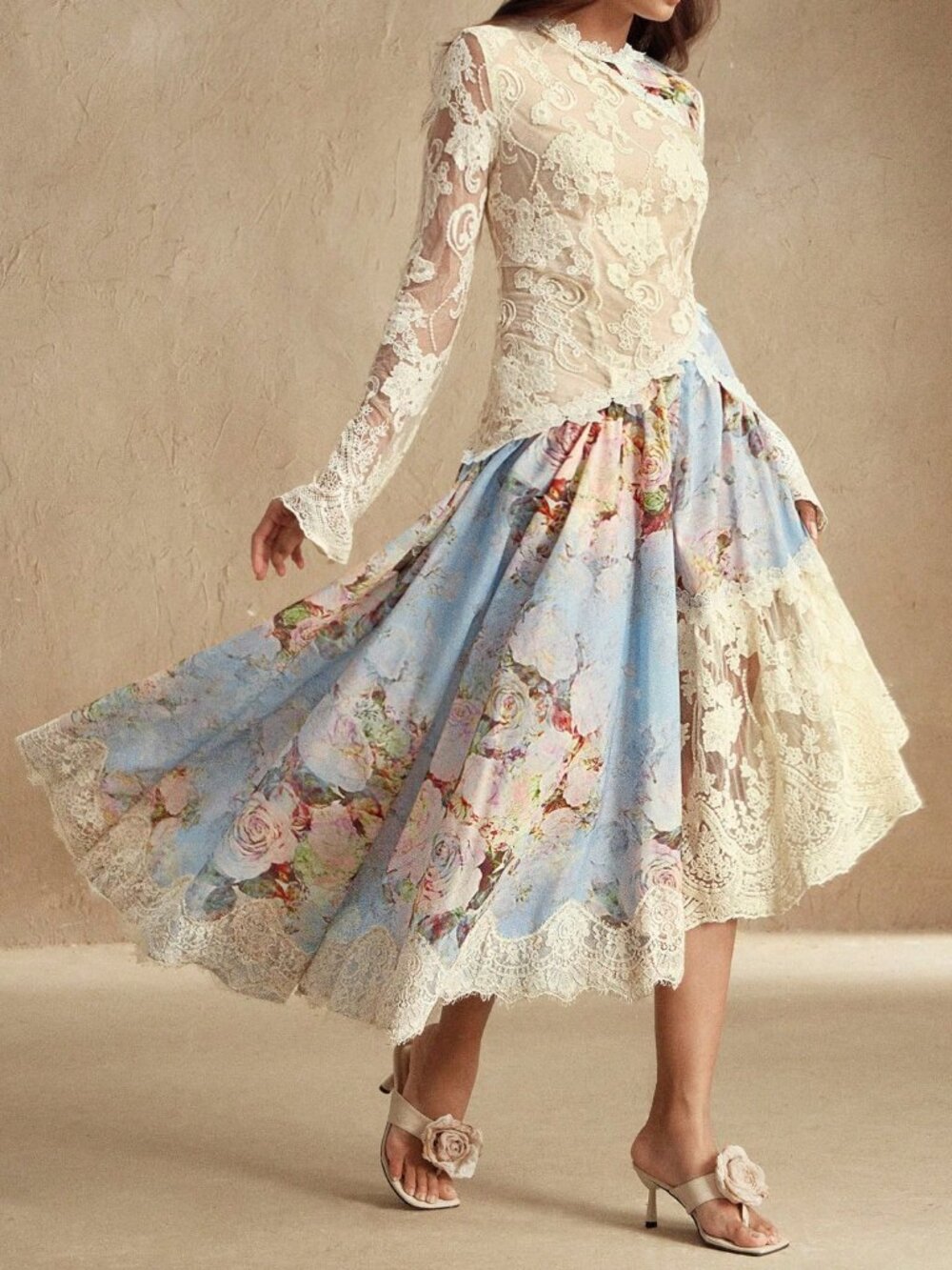 Blue Elegant Women's Romantic Lace Patchwork Woven Dress - Picture 3 of 7